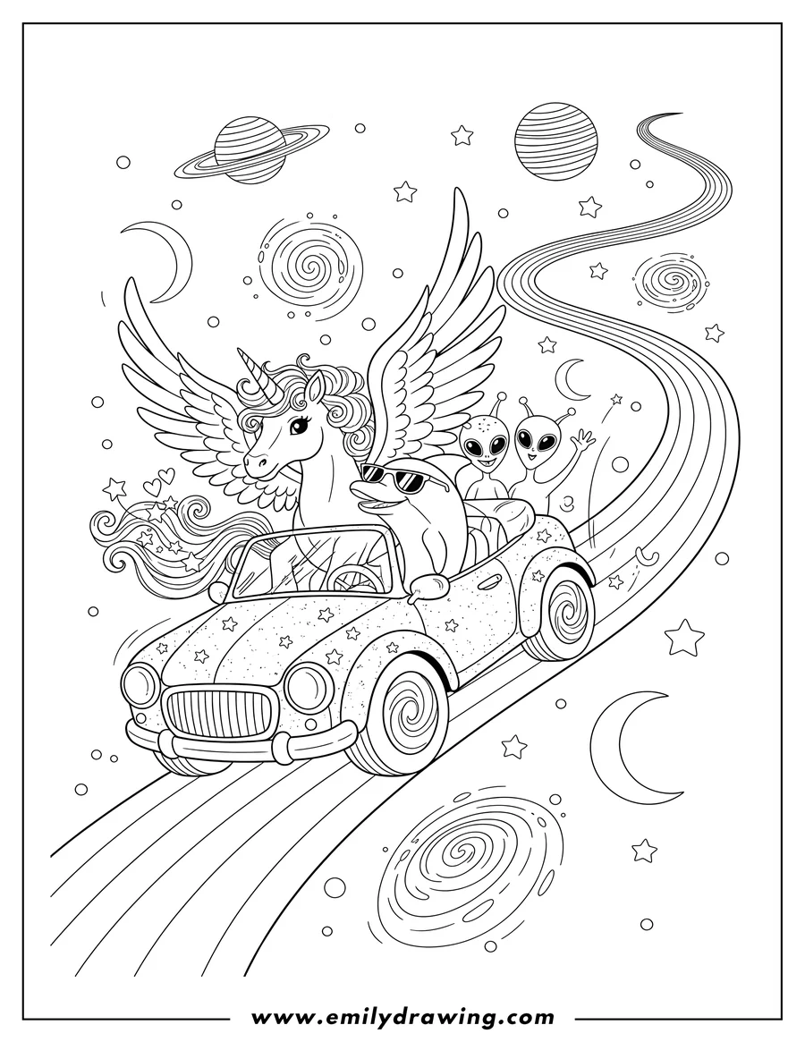 Full page coloring image of lisa Frank winged unicorn, dolphin, and aliens driving a car on a rainbow path through the solar system