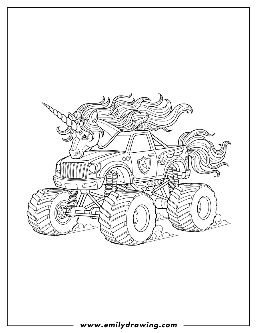Coloring sheet featuring detailed unicorn monster truck with a horn