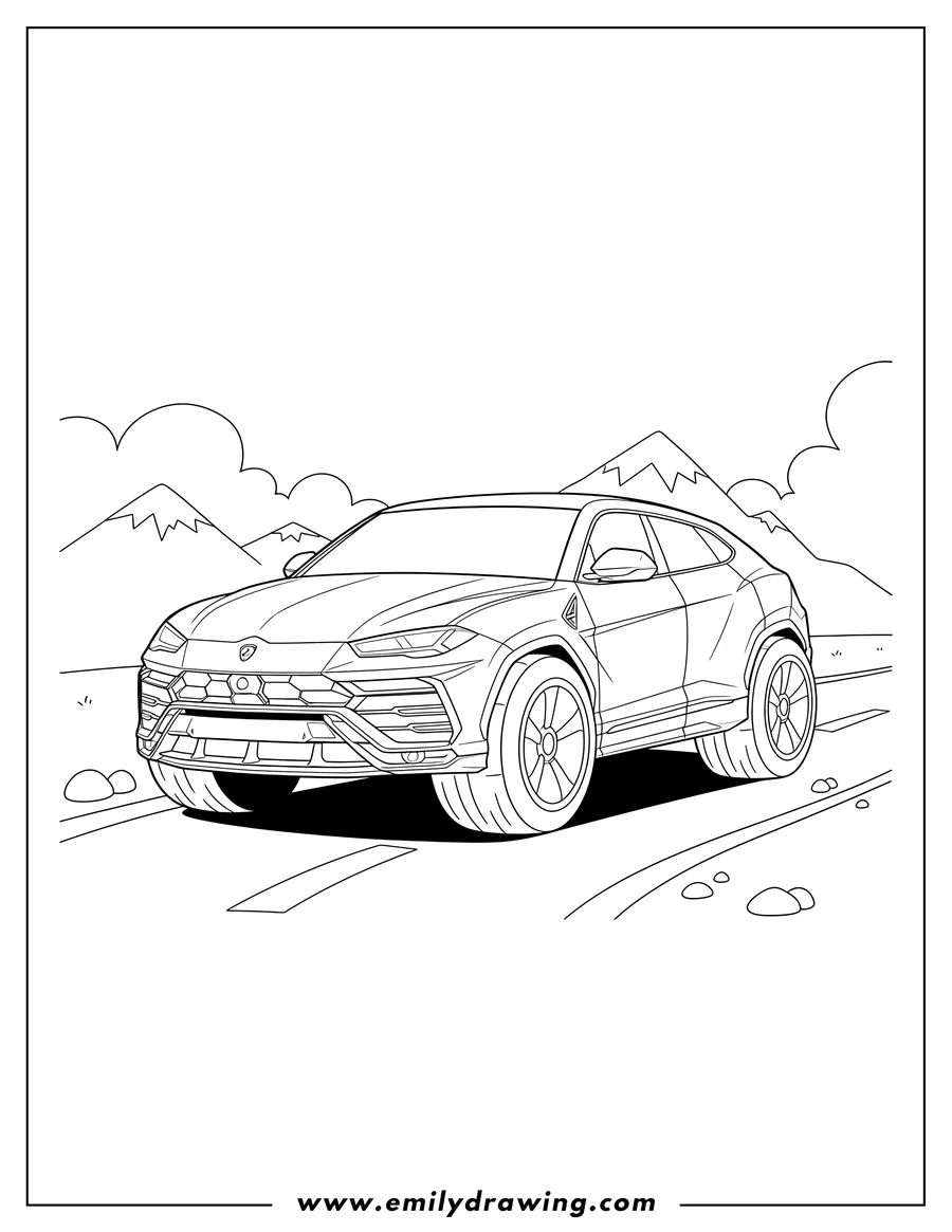 Free printable coloring sheet of lamborghini Urus Scaled, on a road, front-side view