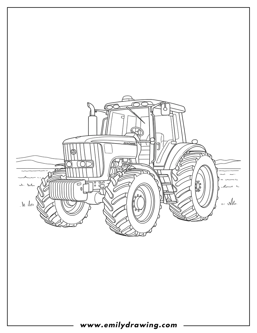Linear illustration of detailed John Deere U.S. Row Crop Tractor, front three-quarter view