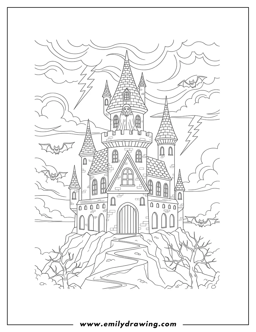 Printable line art of vampires Castle On Stormy Night With a Ghostly Figure On Terrace and flying bats