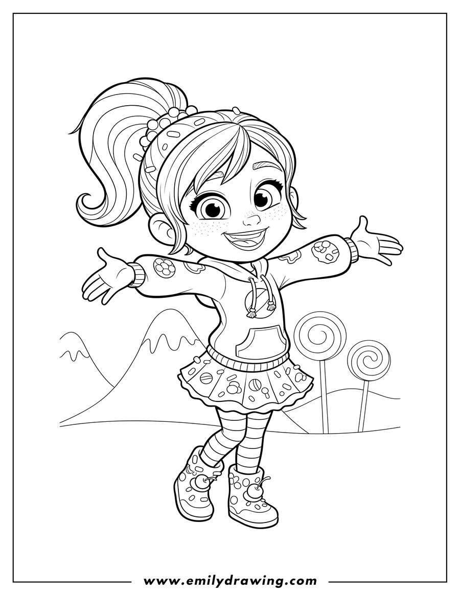 PDF style coloring page: detailed Vanellope Von Schweetz smiling and reaching out