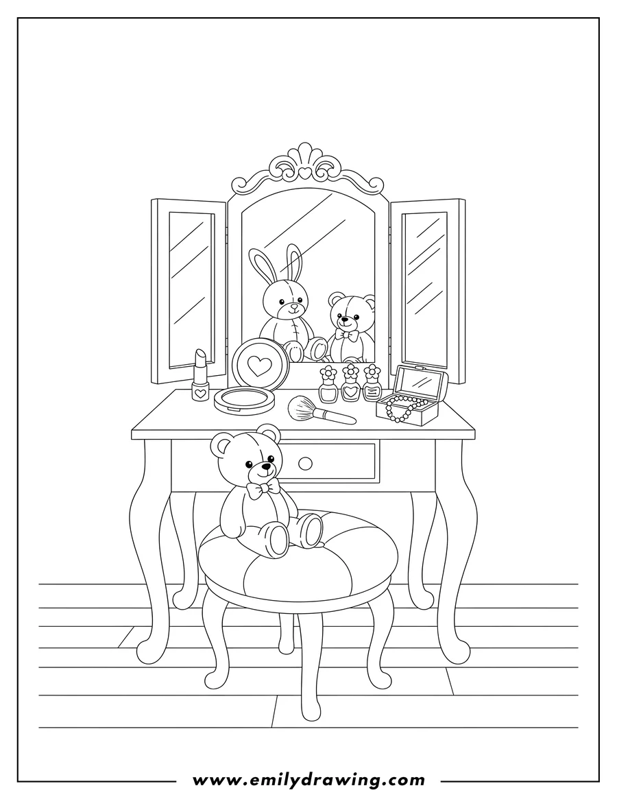 Coloring page of detailed Vanity Desk With Trifold Mirror, Chair, Stuffed Bunny, Teddy Bear, and Make Up