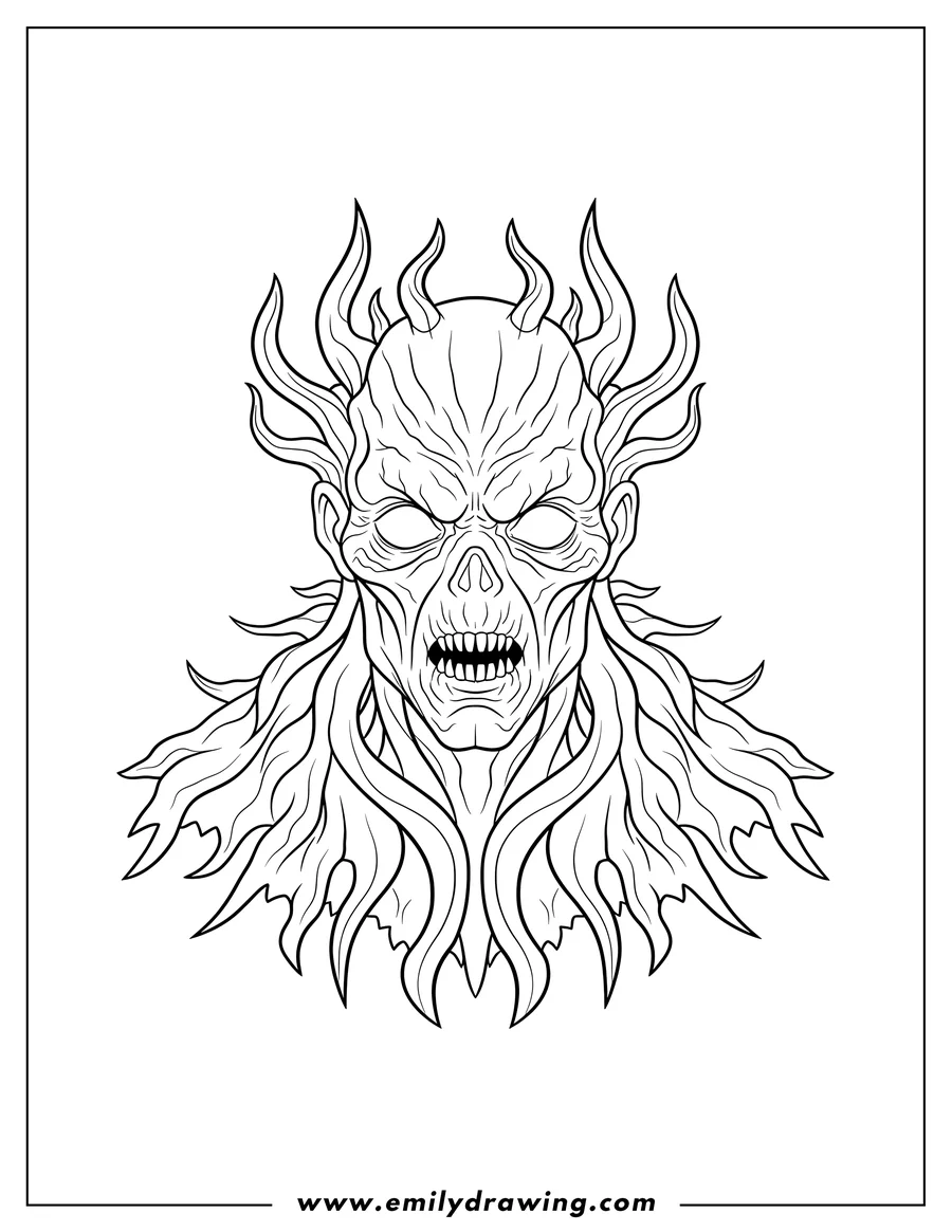 Printable coloring page of vecna From Stranger Things Scaled, close-up face and shoulders