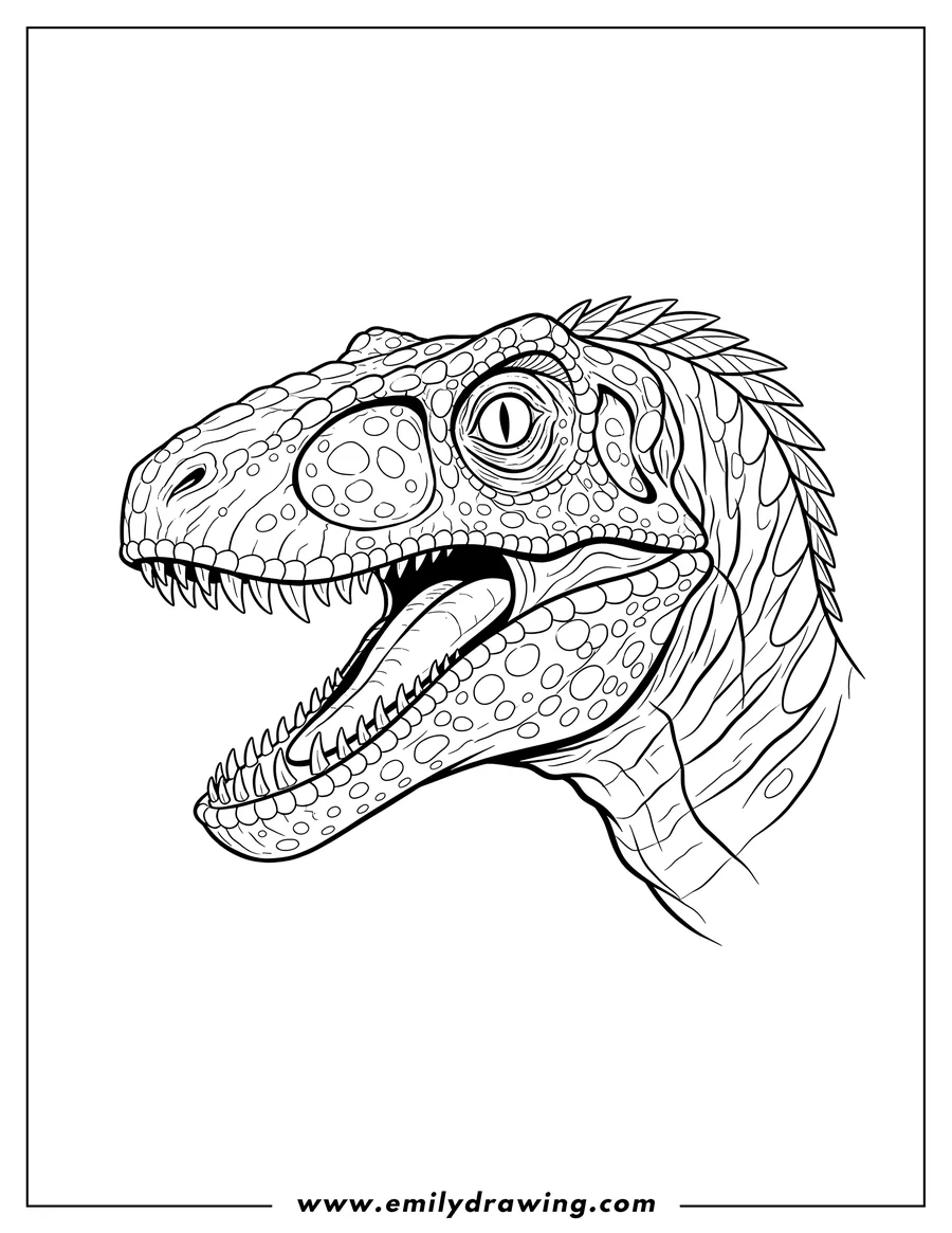 Outline drawing of detailed Velociraptor Head With Sharp Teeth, mouth wide open in a side profile view, to color, scaled