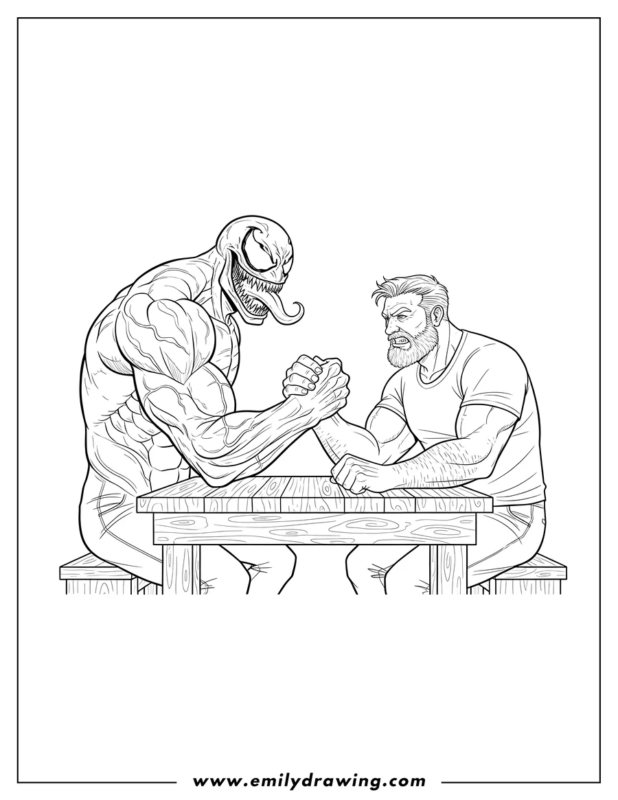 Coloring sheet featuring venom arm wrestling a man