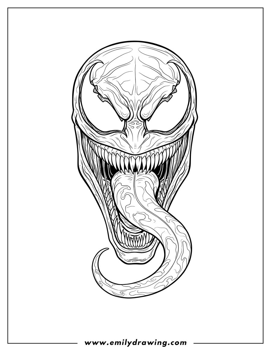 Simple sketch of detailed Venom Face, mouth open with sharp teeth and long tongue to color