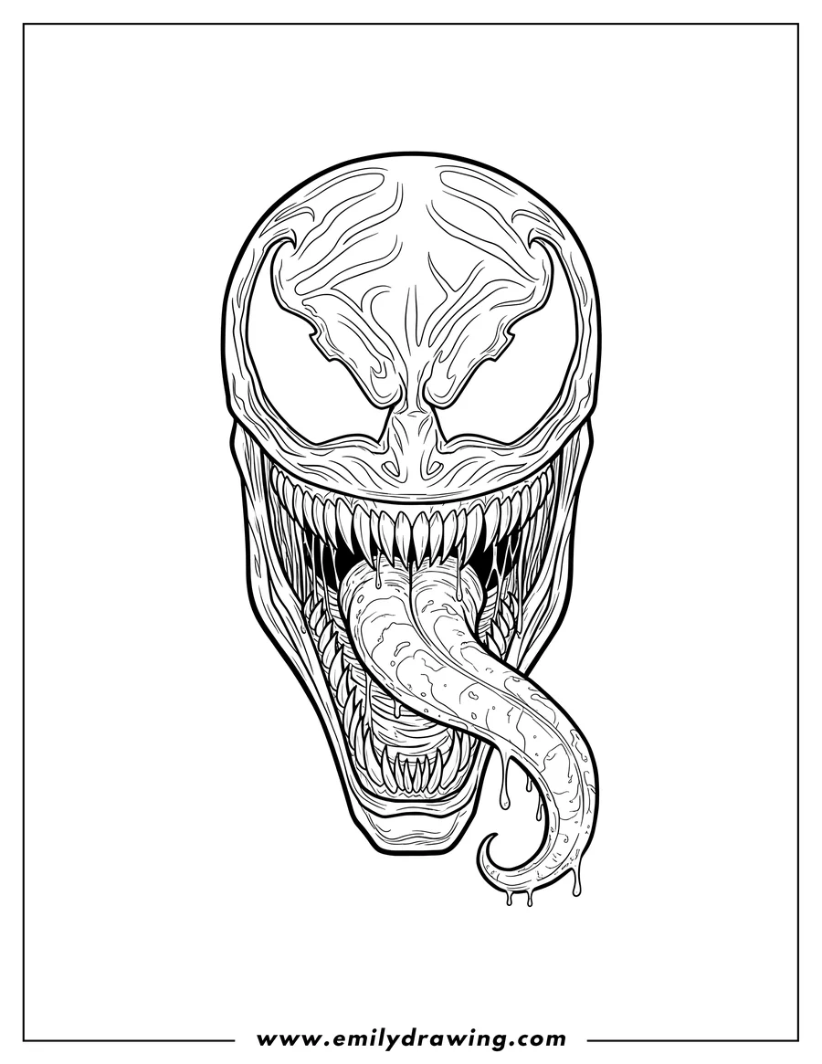 Coloring sheet featuring venom Head with Wide Open Mouth, Sharp Teeth, and Dripping Tongue To Color