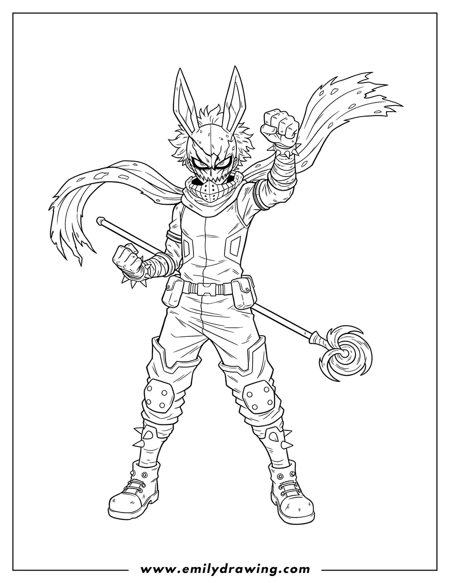 Downloadable coloring page of detailed Villain Deku with mask, flowing scarf, and clenched fist