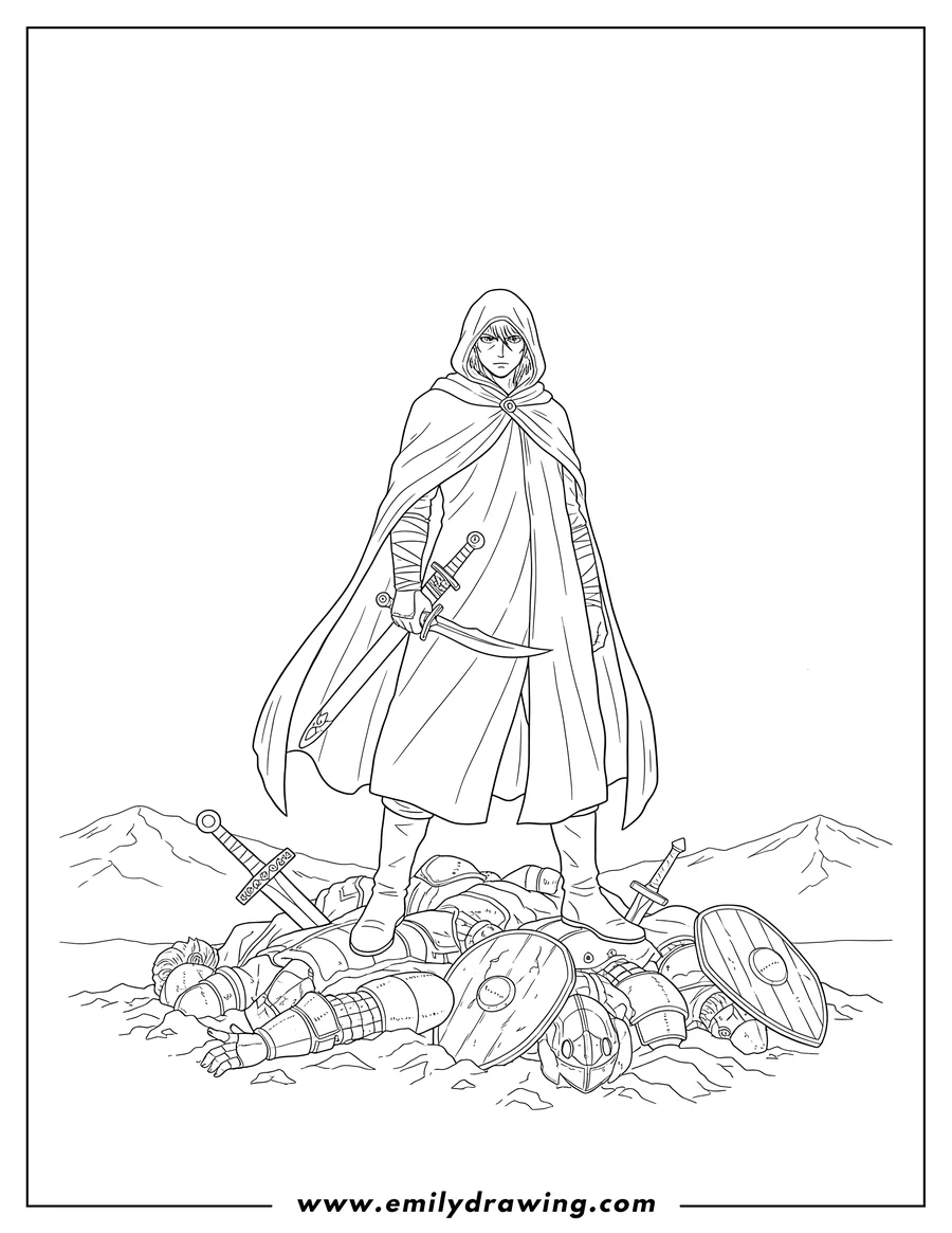 Free to print drawing of vinland Saga Manga Thorfinn Standing On Top Defeated Foes, holding a dagger, with a sword nearby, and wearing a hooded cloak