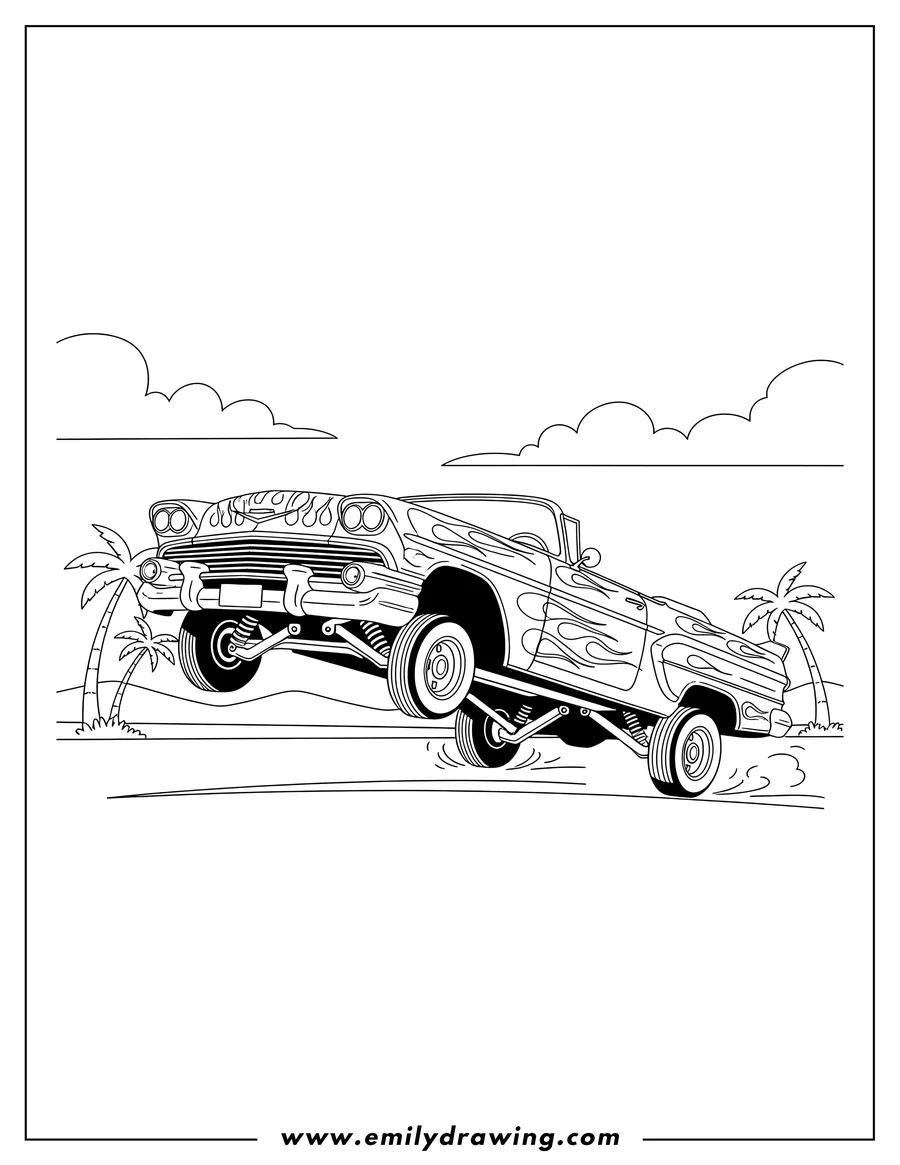 Coloring page of detailed Lowrider Vintage Convertible Car hopping