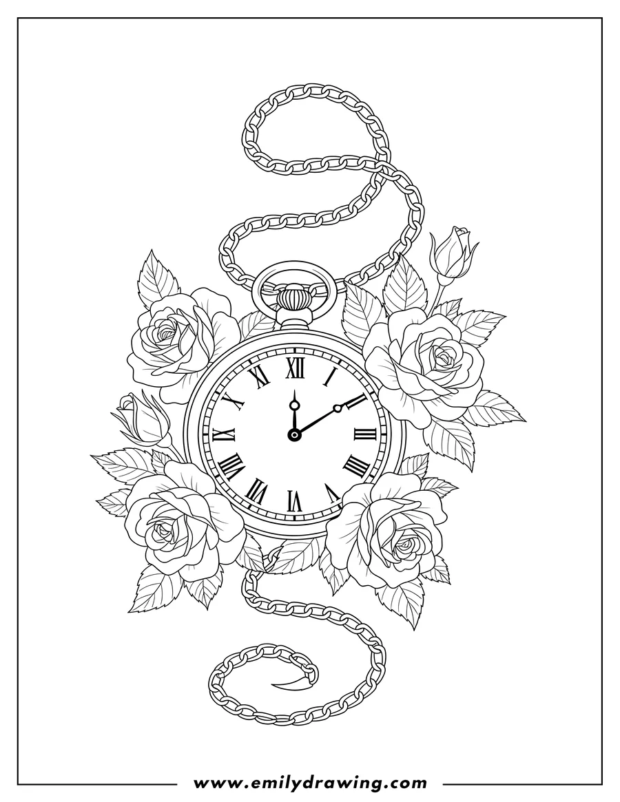 Simple sketch of A vintage pocket watch with Roman numerals and a chain, nestled among blossoming roses to color