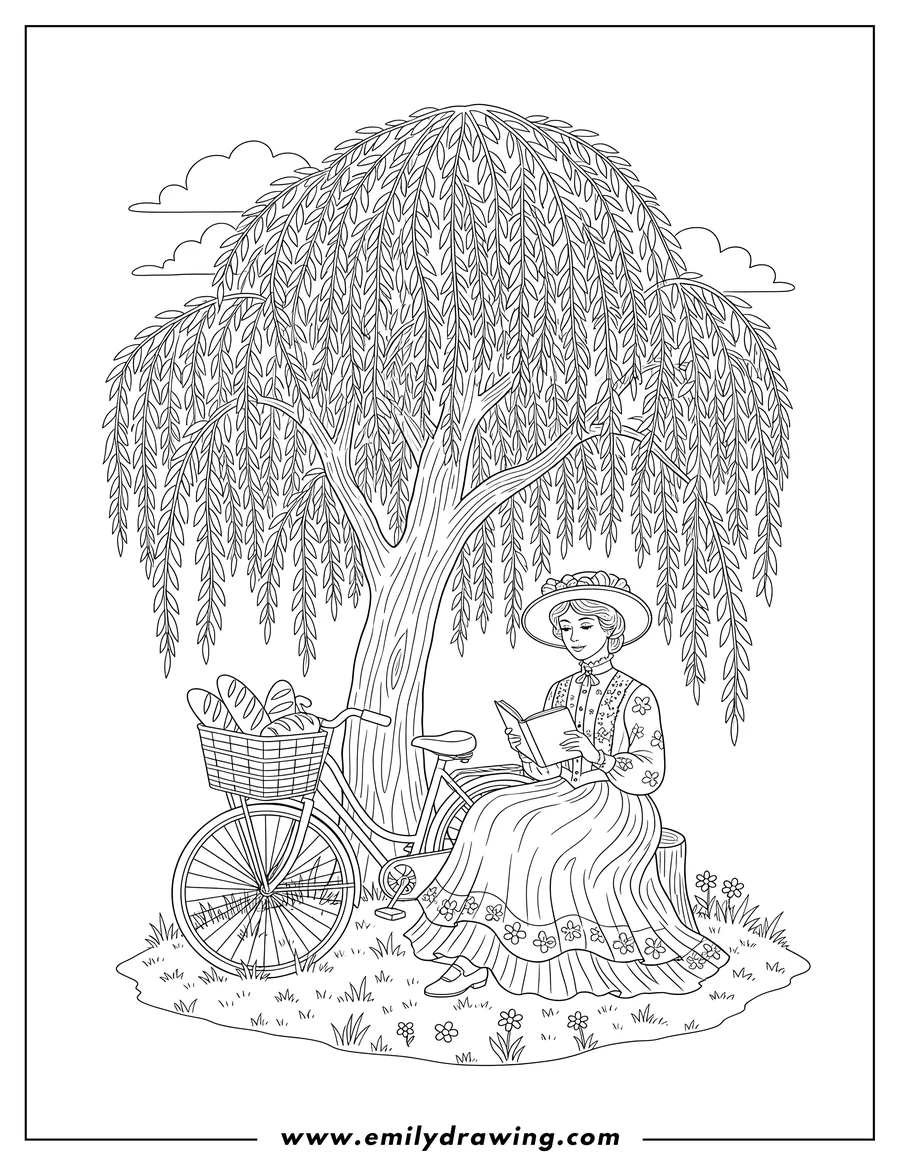 Simple sketch of vintage woman sitting and reading beside a bicycle with a basket of bread under a willow tree to color