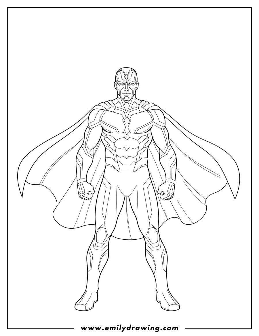 Black and white line art of detailed Vision standing with his cape