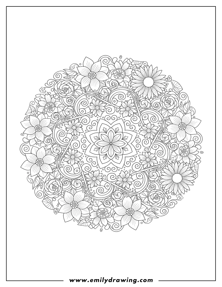 Coloring page for kids: detailed intricate floral mandala coloring page