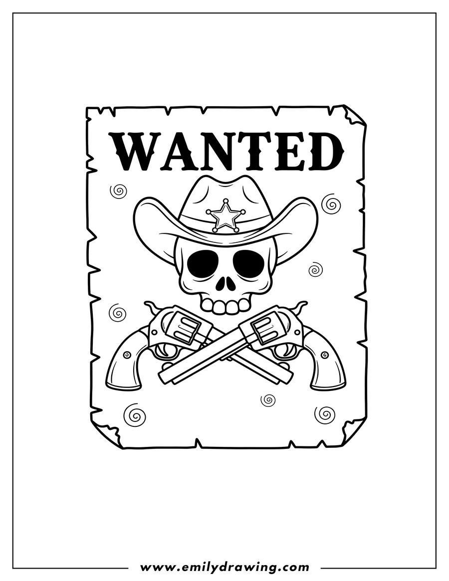 Coloring page for kids: detailed Wanted Poster with a skull wearing a cowboy hat and crossed revolvers