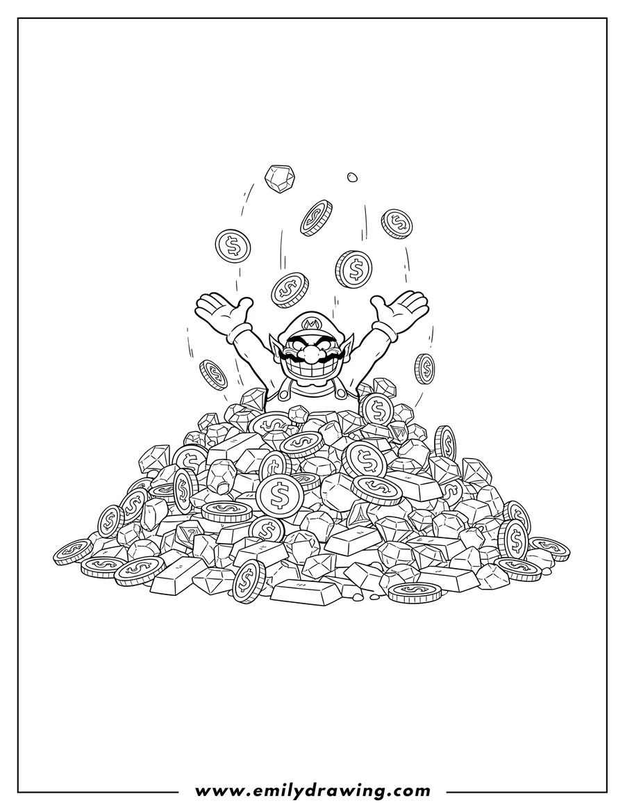 Linear illustration of wario, grinning with raised arms, celebrating in a huge pile of coins, gold bars, and gems, with more coins falling