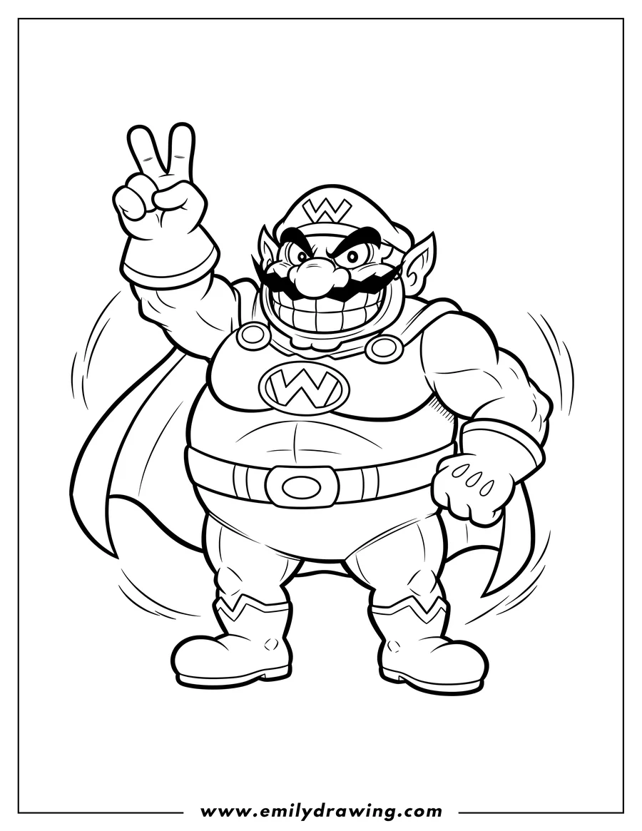 Free to print drawing of detailed Wario Man making a peace sign and big grin