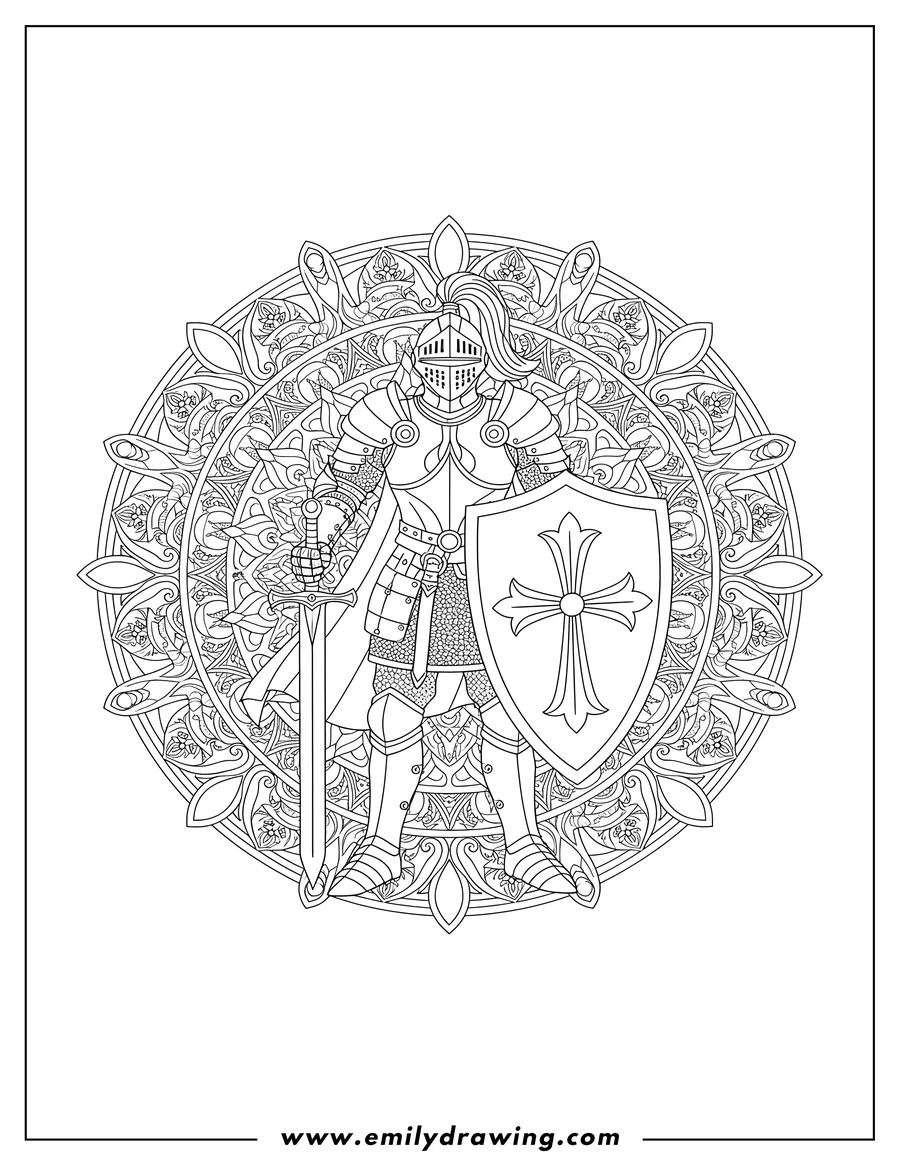 Printable coloring page of detailed Warrior Knight in Armor holding a sword resting on a shield with a cross, Surrounded By Ornamental Mandala Adults