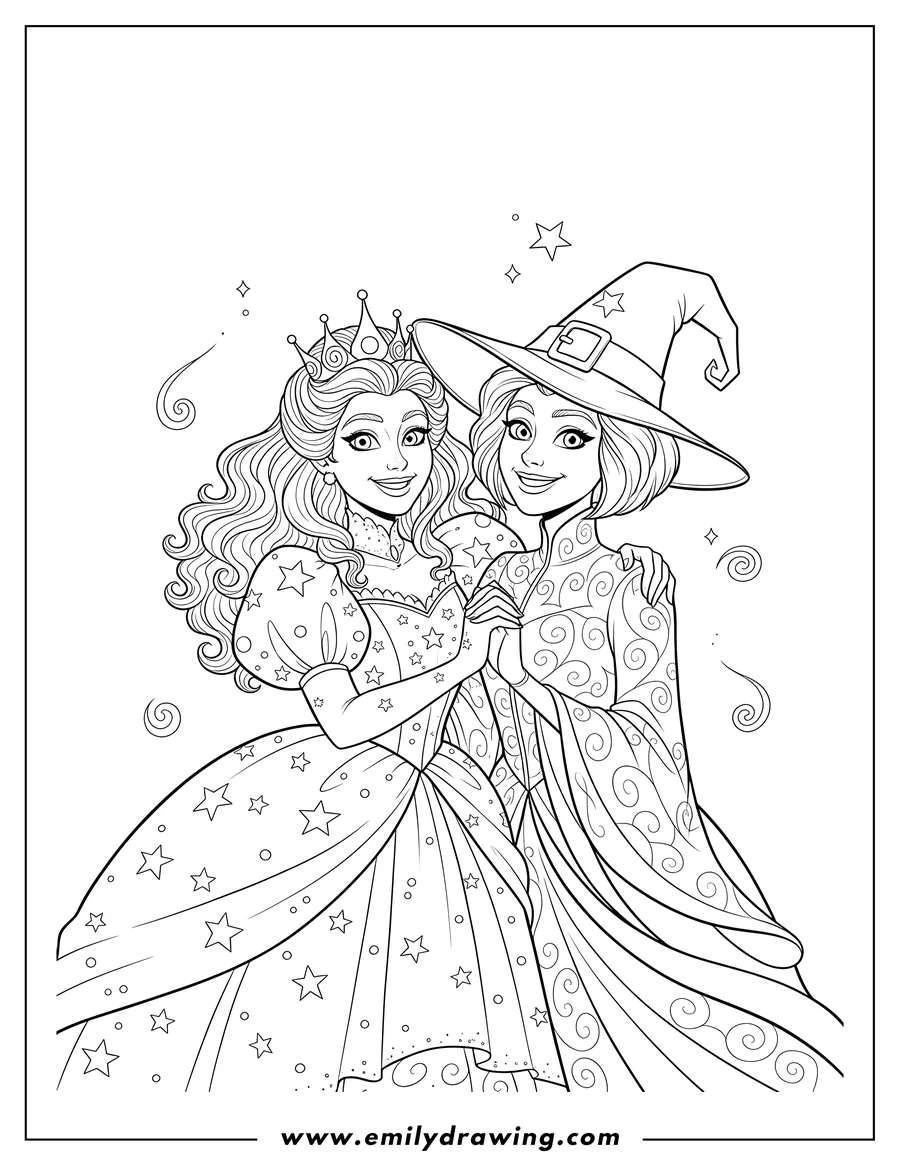 Black and white line art of wicked Glinda smiling, with her arm around Elphaba, and their hands clasped