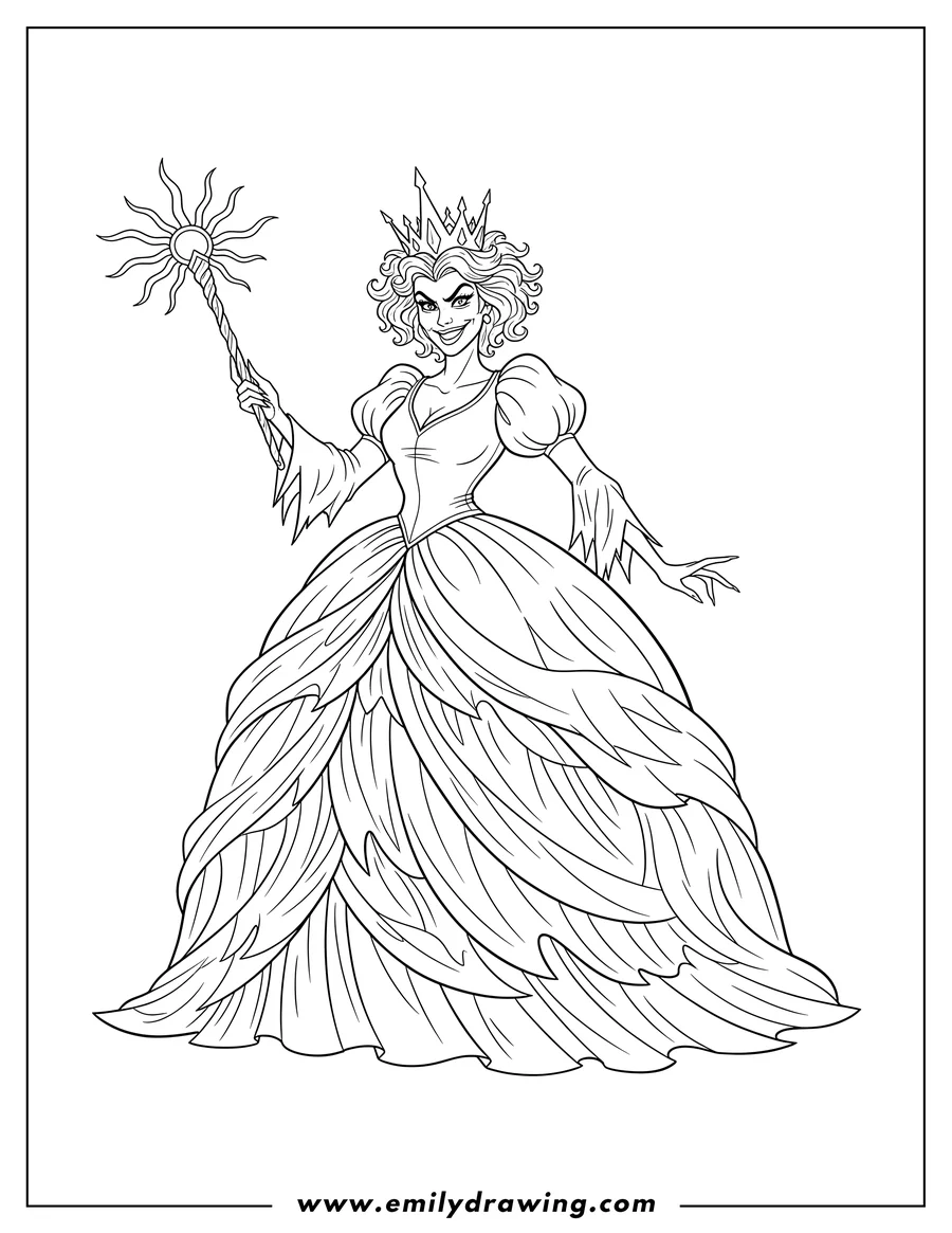 Printable coloring page of wicked Glinda wearing a crown and ruffled ball gown, holding a sun-topped wand