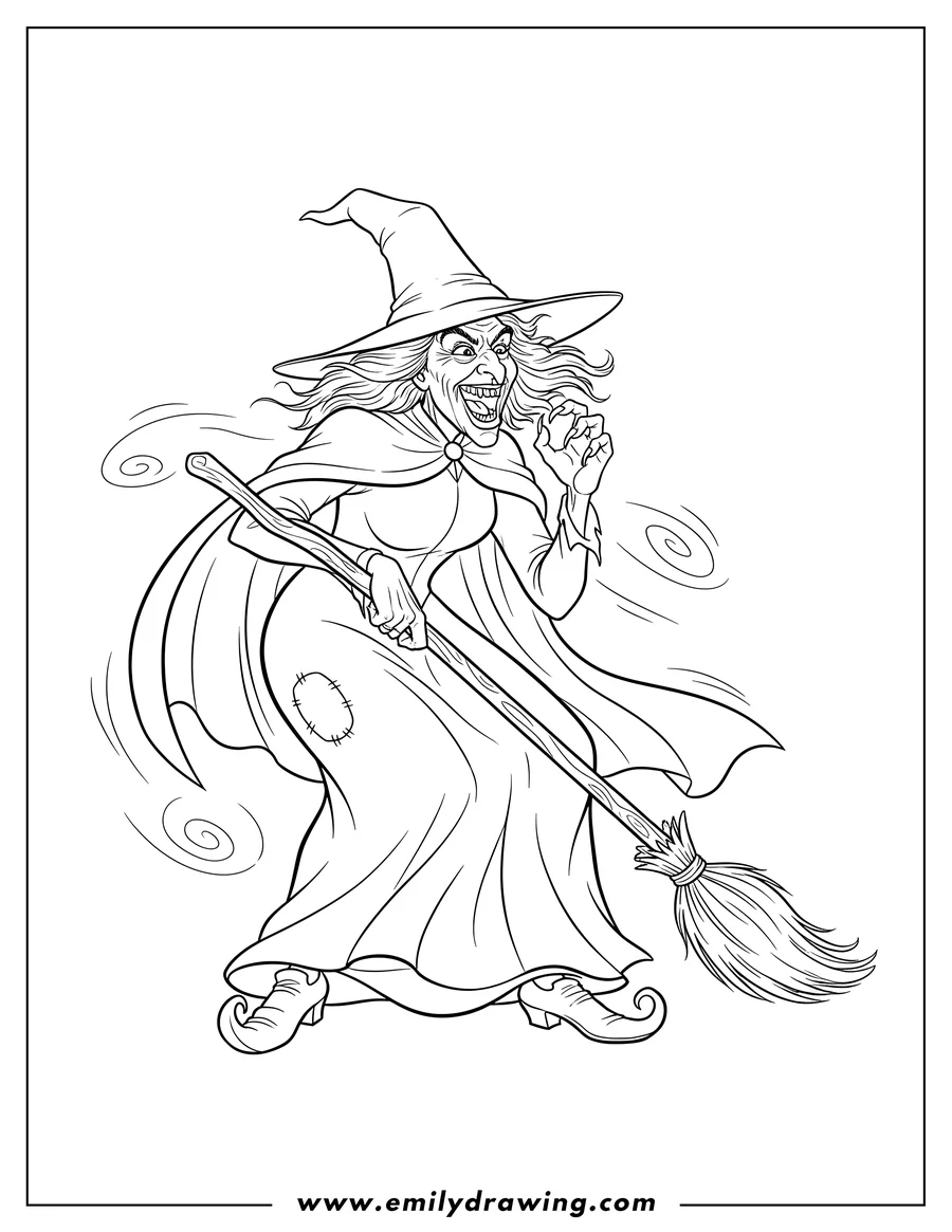 Outline drawing of wicked Witch from Wizard of Oz holding a broomstick and cackling
