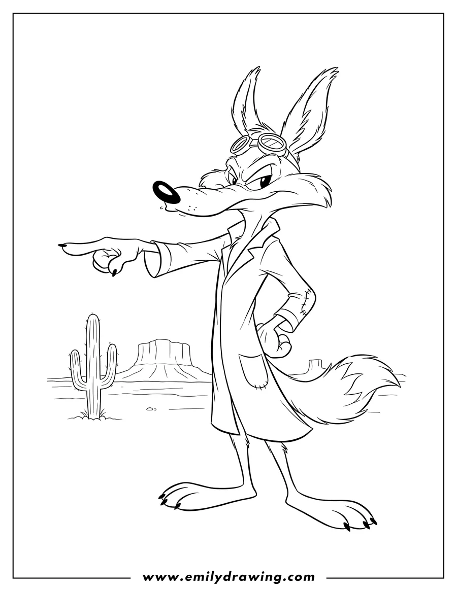 Black and white line art of wile E. Coyote Scaled, standing with one hand on his hip and pointing