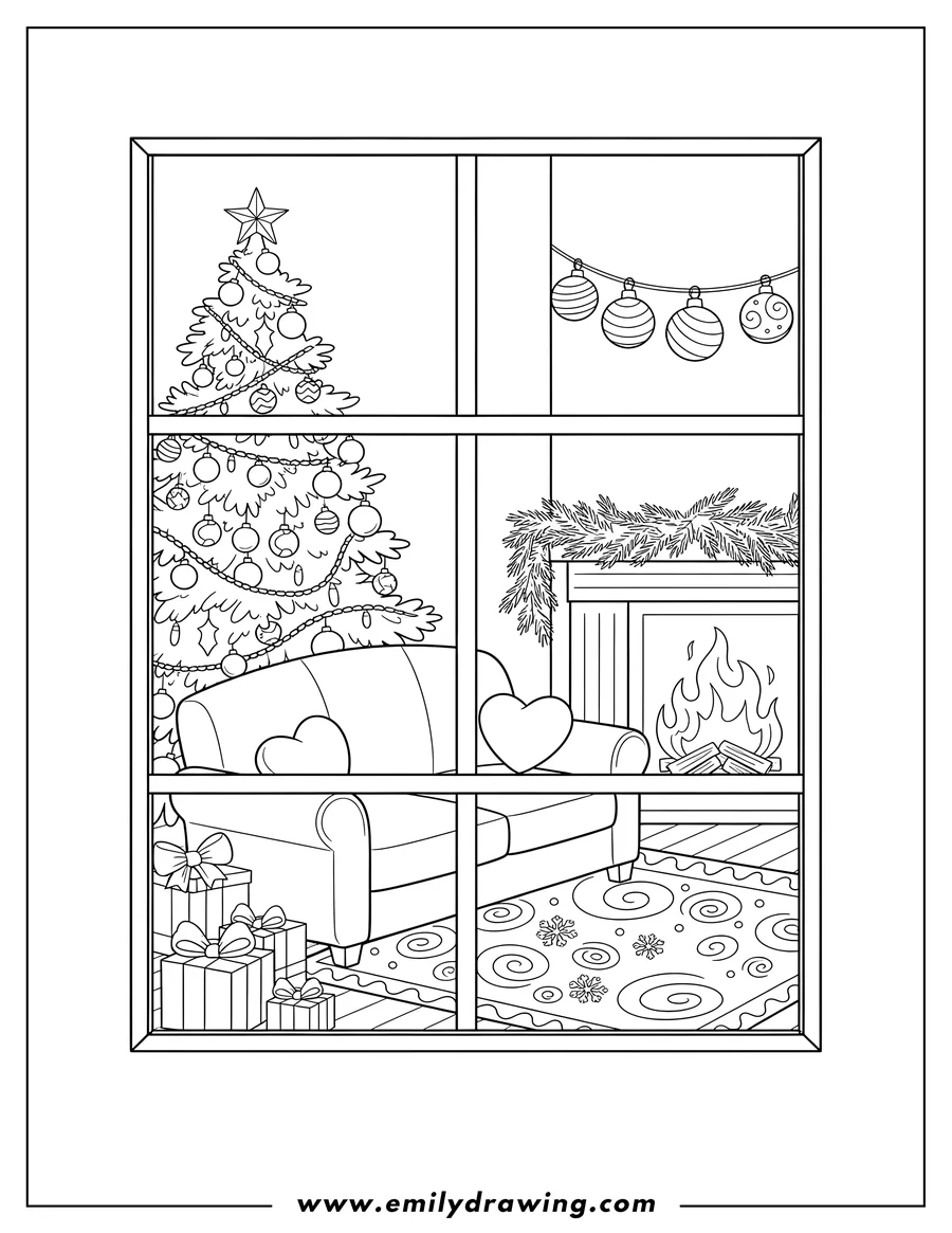 Printable line art of window Looking Into Living Room With Christmas Decors, showing a cozy sofa with heart pillows and a fireplace with a burning fire