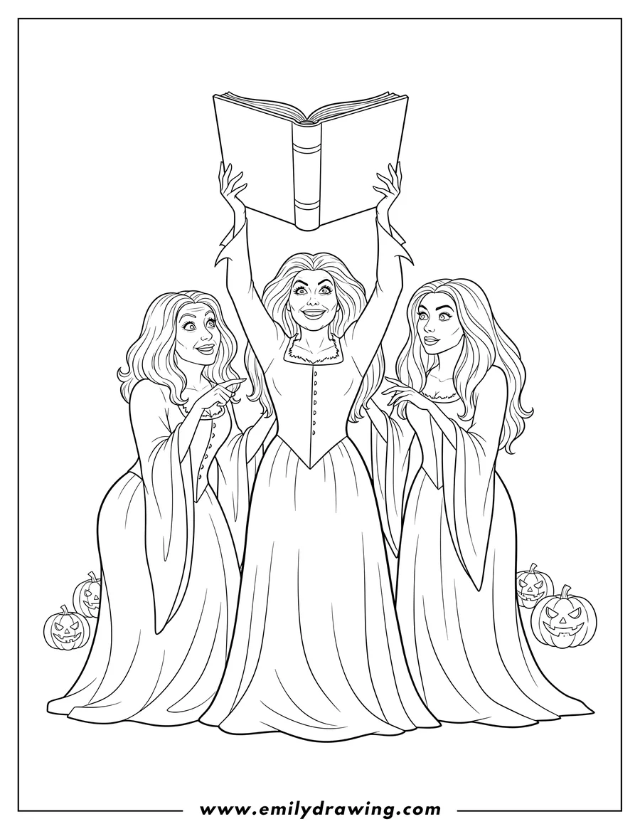 Coloring page of detailed Winifred, Sarah, and Mary Sanderson holding an open spell book above Winifred's head