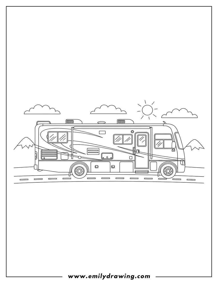 Printable line art of detailed Winnebago Forza RV driving