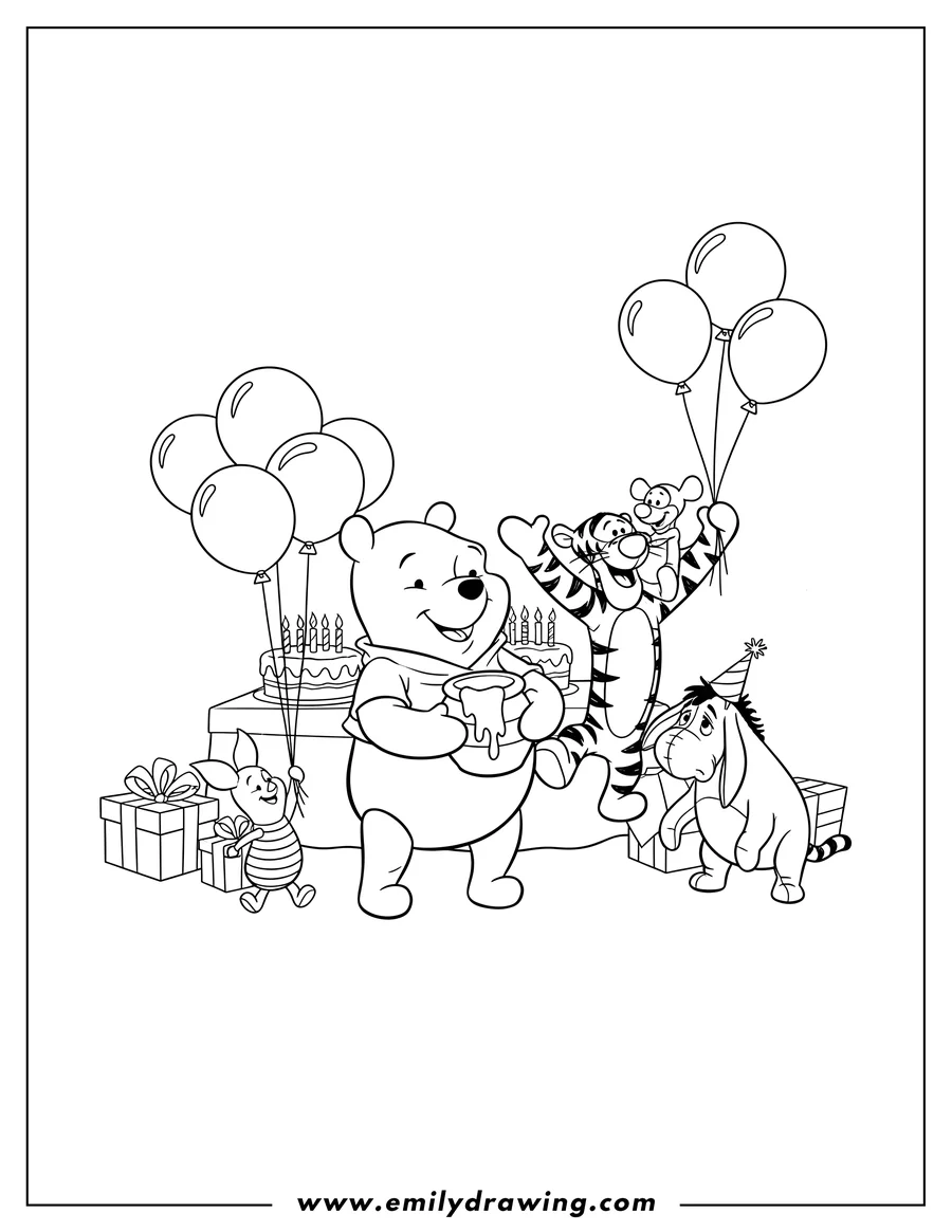 Coloring page of winnie the Pooh and his friends Piglet, Tigger, Roo, and Eeyore celebrating a birthday with balloons, and Pooh holding a honey pot