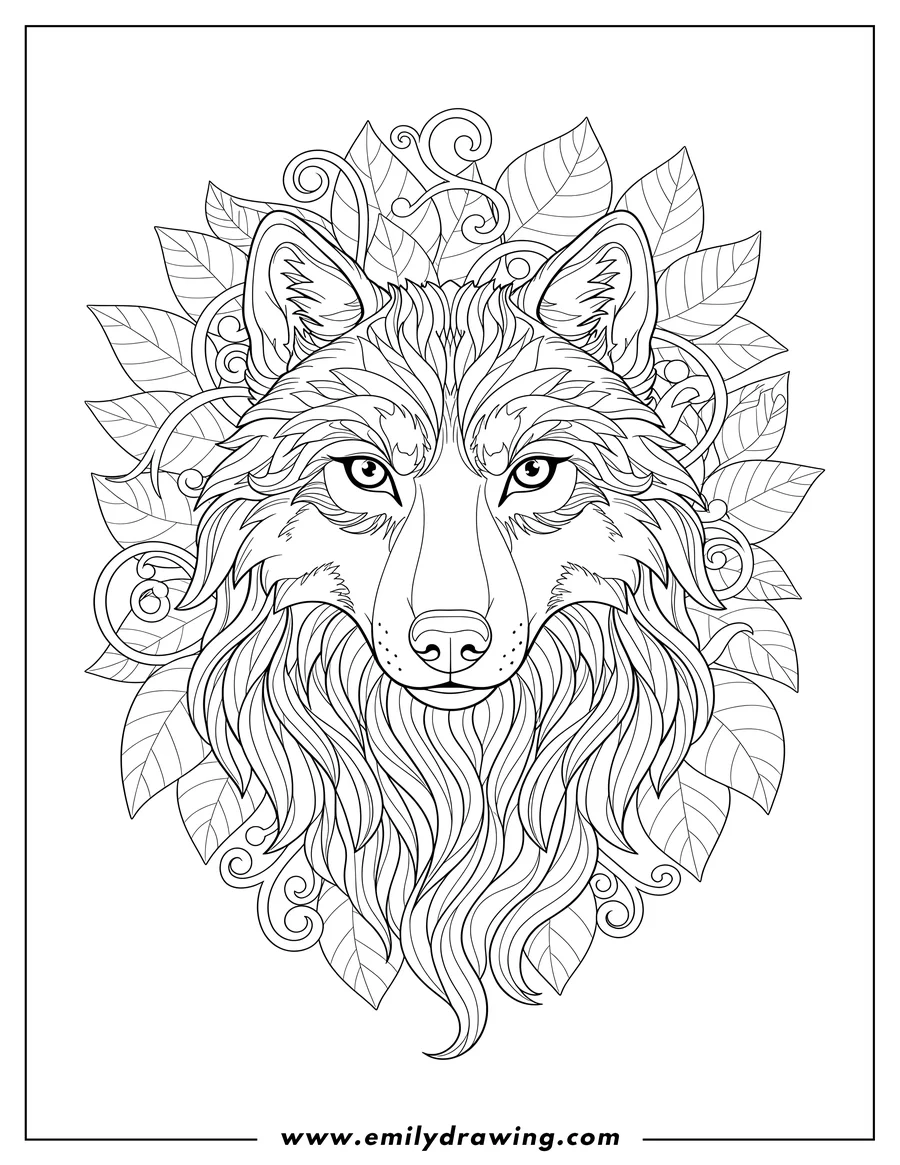 Downloadable coloring page of detailed Wolf Head With Leafy Background, facing forward with prominent mane