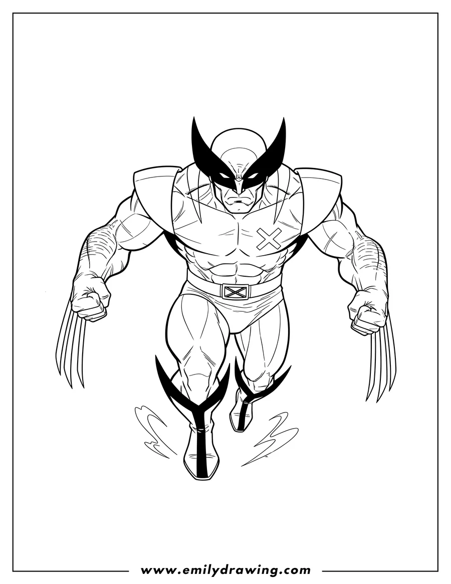 Linear illustration of detailed X Men Wolverine V2, with claws extended, in a dynamic lunging pose