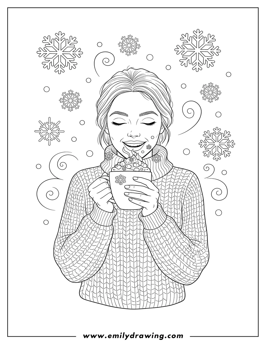 Free printable coloring sheet of woman Drinking Hot Chocolate Snow, with closed eyes, wearing a cozy sweater