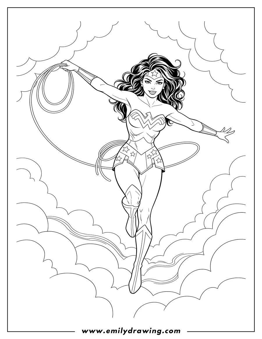 High quality printable detailed Wonder Woman flying, leaping with arms outstretched, and with lasso for coloring