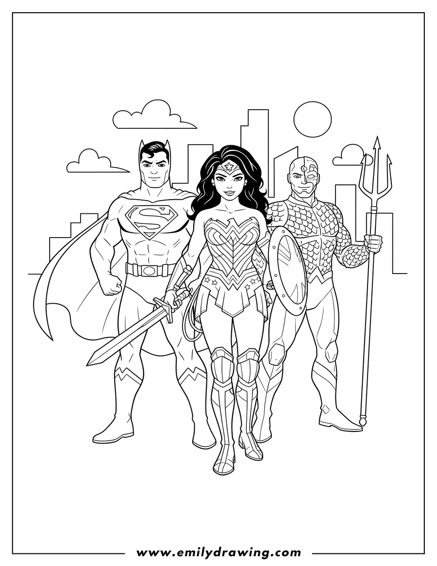 Coloring sheet featuring wonder Woman, holding a sword and shield, standing with Justice League members Superman, Batman, Cyborg, and Aquaman, to color