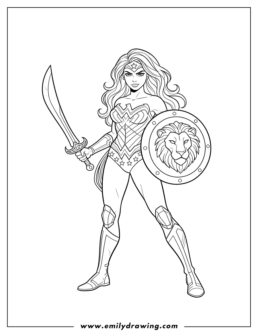 Coloring page of detailed Wonder Woman holding a sword and shield