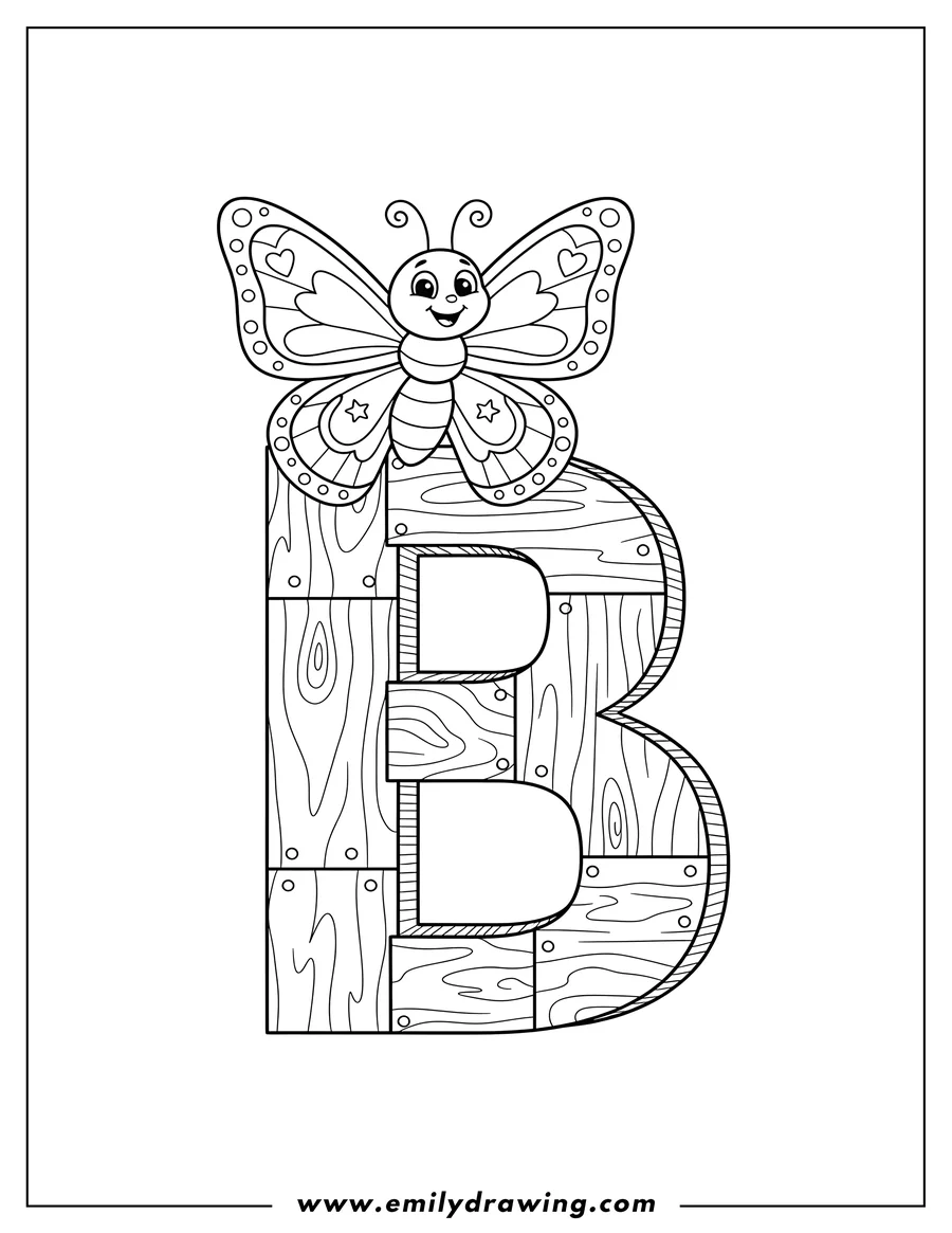 Vector style outline of detailed wooden letter B with a large, smiling butterfly sitting on top