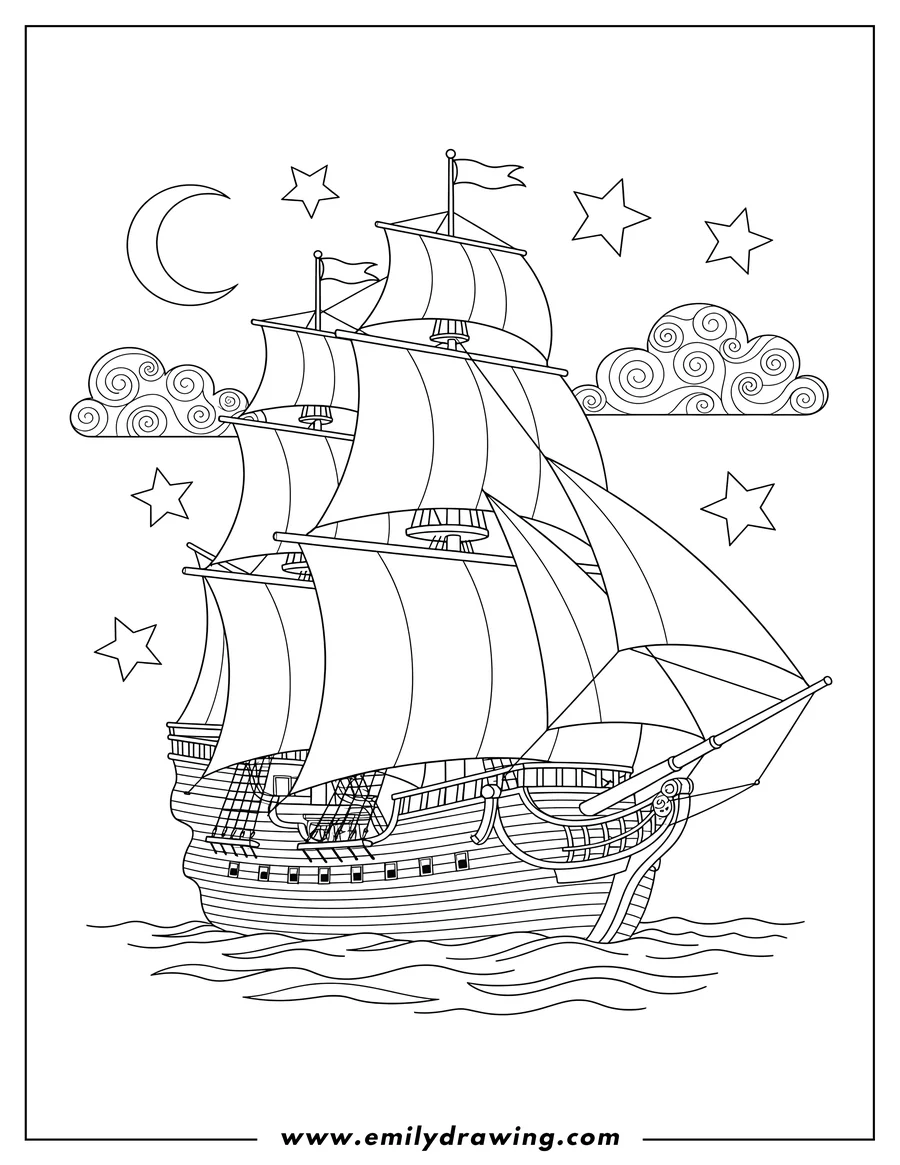 Simple sketch of stunning Wooden Ship with full sails and multiple masts, sailing at night under stars and clouds to color