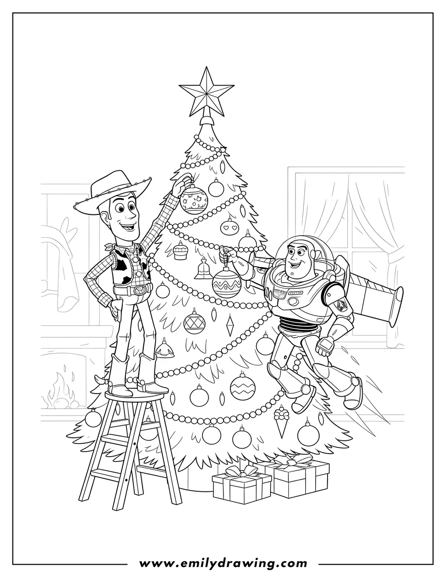 Coloring page for kids: woody and Buzz Lightyear decorating a Christmas tree, with Woody placing a star and Buzz hanging an ornament