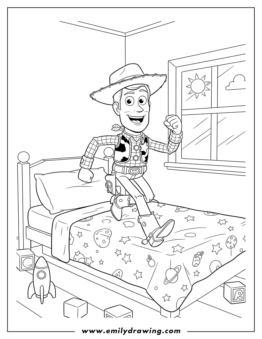 Linear illustration of smiling Woody Running On Andy S Bed in his cowboy hat, with his arm bent and fist clenched