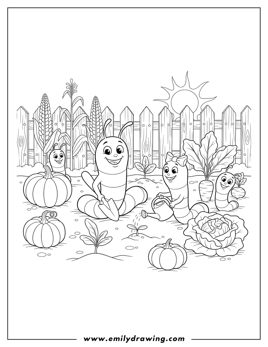 Simple sketch of worm Family Vegetable Garden, with four smiling worms to color