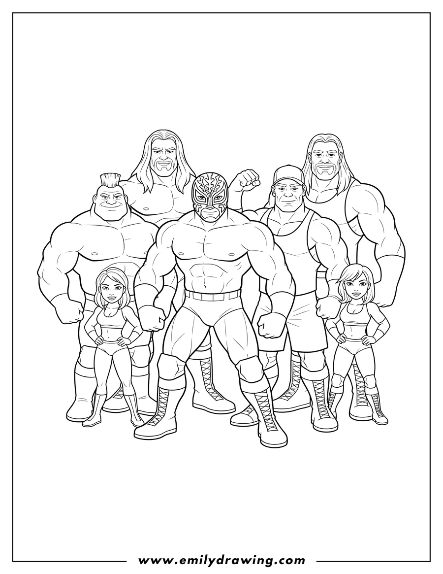 Downloadable coloring page of wwe All Stars in a group with a masked wrestler and a cap-wearing wrestler