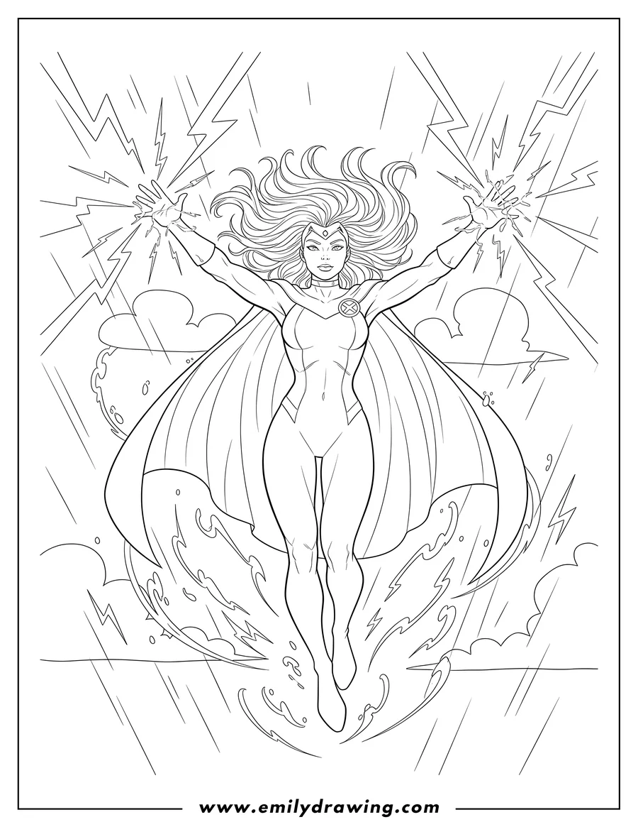 Simple sketch of X Men Storm in a dynamic pose, summoning lightning and rain with energy in her hands to color