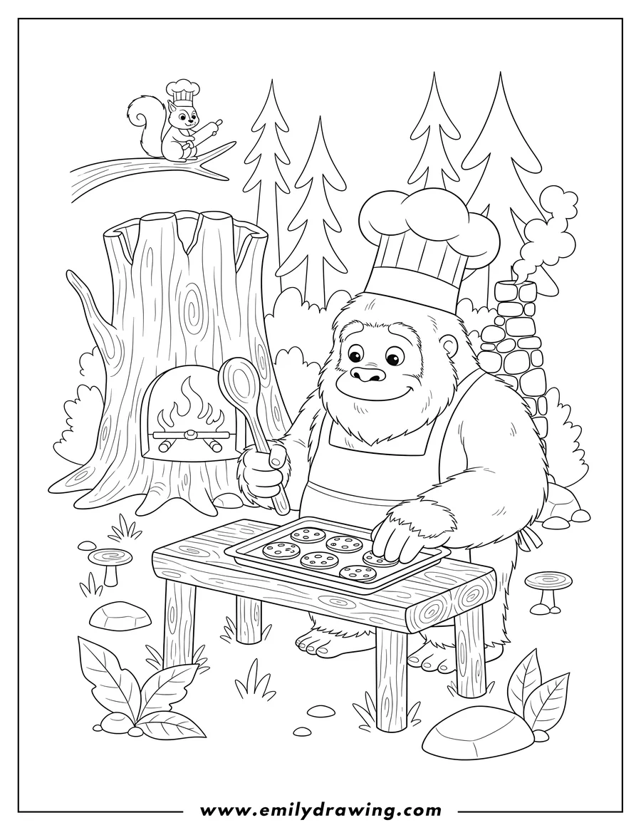 Linear illustration of yeti Chef holding a spoon and preparing cookies on a baking sheet in a forest kitchen
