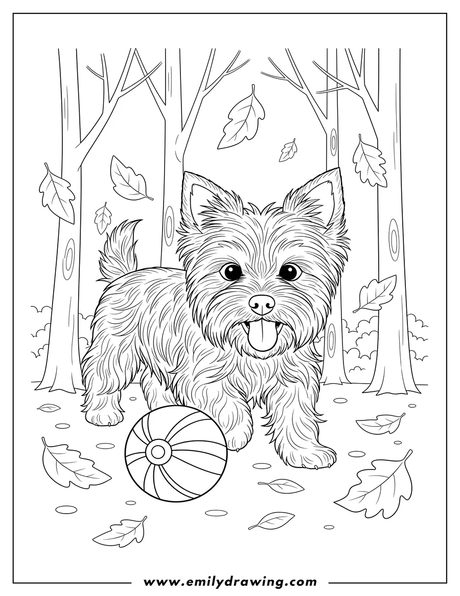 Full page coloring image of yorkshire Terrier playing with a ball, tongue out, in an autumn forest