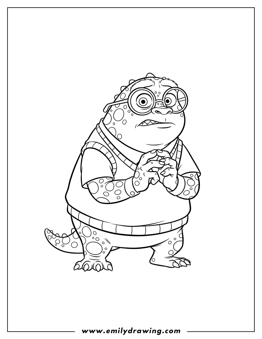 Vector style outline of young Randall from Monsters University wearing glasses and nervously clasping his hands