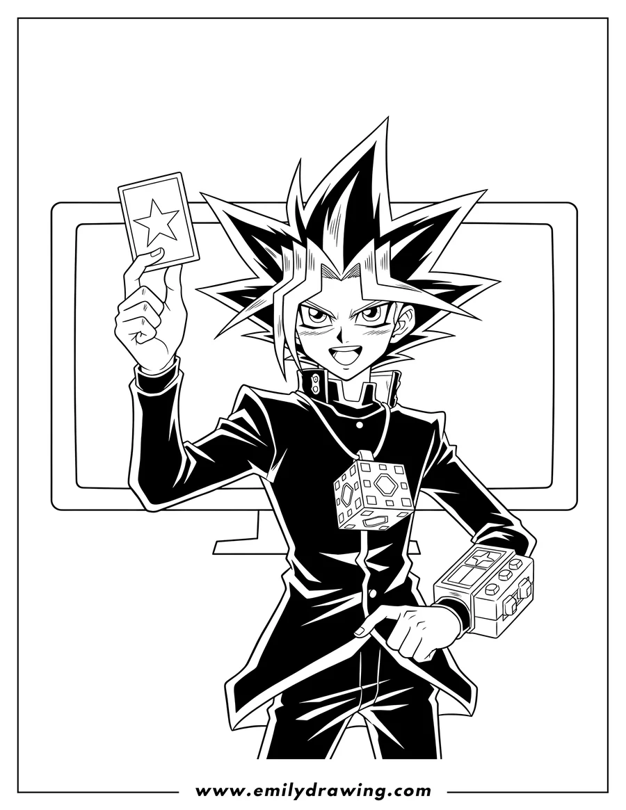 Outline drawing of yu Gi Oh Tv, Yami Yugi holding up a card