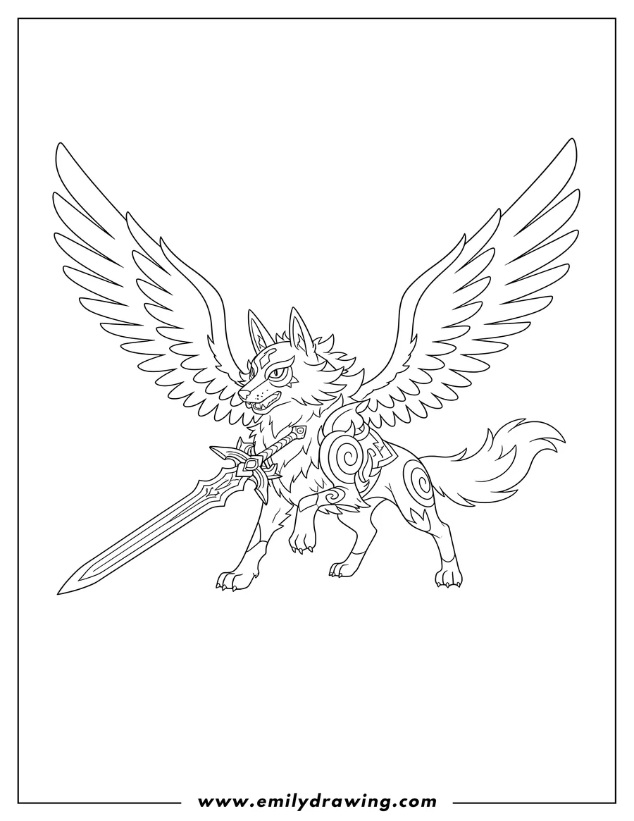 Coloring page for kids: detailed Zacian with wings holding a sword in its mouth