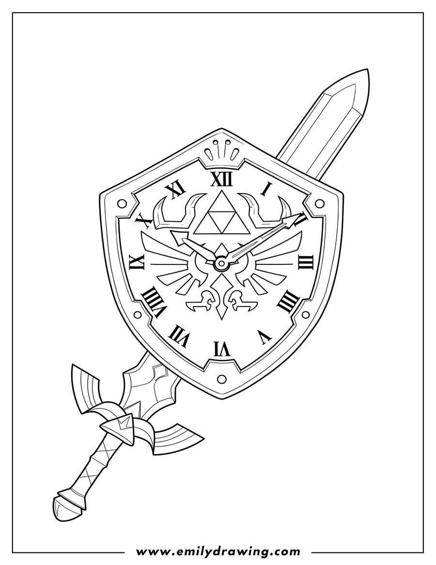 Clean line drawing: zelda Hylian Shield designed as a clock face, with the Master Sword angled behind it